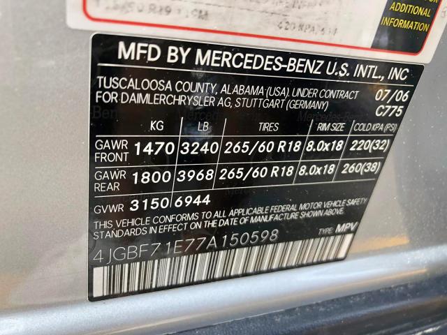 4JGBF71E77A150598 - 2007 MERCEDES-BENZ GL 450 4MA SILVER photo 9