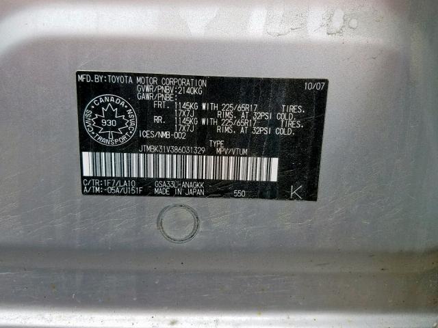 JTMBK31V386031329 - 2008 TOYOTA RAV4 LIMIT SILVER photo 10