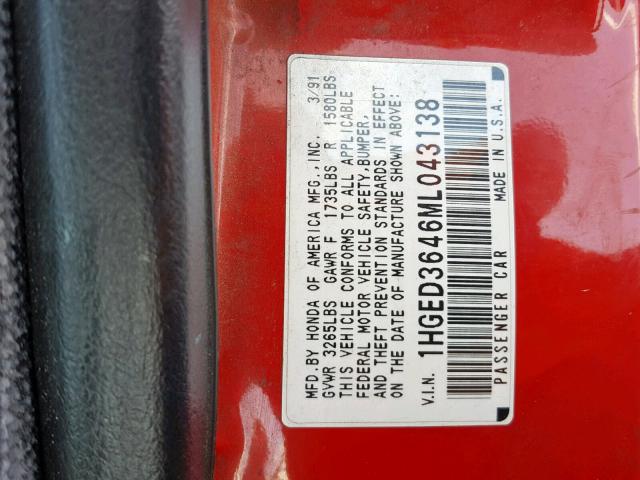 1HGED3646ML043138 - 1991 HONDA CIVIC DX RED photo 10