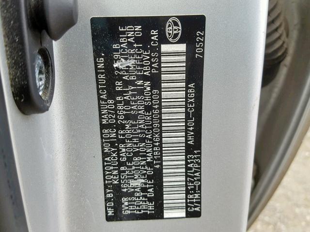 4T1BB46K09U064009 - 2009 TOYOTA CAMRY HYBR SILVER photo 10