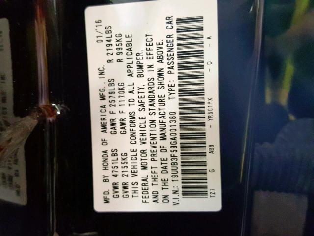 19UUB3F59GA001380 - 2016 ACURA TLX TECH BLACK photo 10