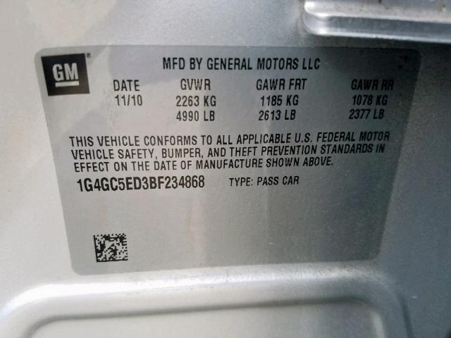 1G4GC5ED3BF234868 - 2011 BUICK LACROSSE C SILVER photo 10