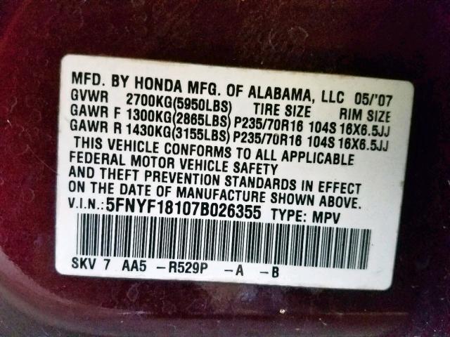 5FNYF18107B026355 - 2007 HONDA PILOT LX BURGUNDY photo 10