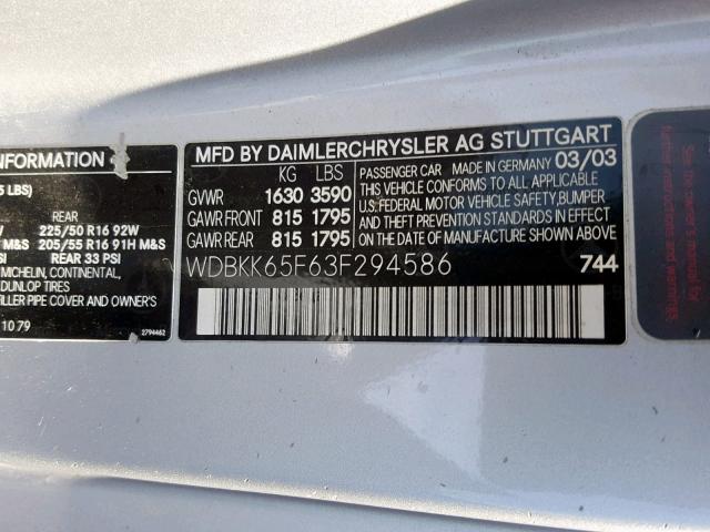 WDBKK65F63F294586 - 2003 MERCEDES-BENZ SLK 320 SILVER photo 10