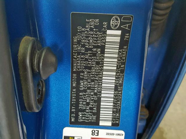 2T1BU4EE8AC511293 - 2010 TOYOTA COROLLA BA BLUE photo 10