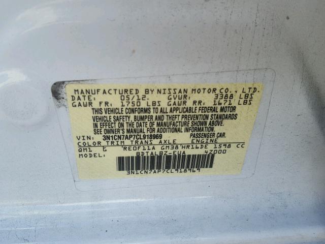 3N1CN7AP7CL918969 - 2012 NISSAN VERSA S WHITE photo 10