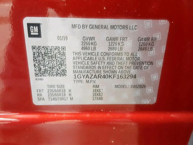 1GYAZAR40KF163294 - 2019 CADILLAC XT4 LUXURY RED photo 10