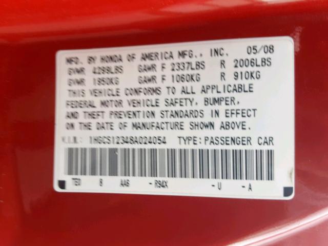 1HGCS12348A024054 - 2008 HONDA ACCORD LX- RED photo 10