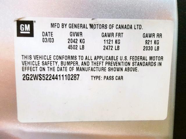 2G2WS522441110287 - 2004 PONTIAC GRAND PRIX SILVER photo 10