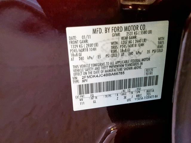 2FMDK4JC4BBA66785 - 2011 FORD EDGE SEL PURPLE photo 10