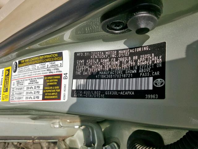 4T1BK36B17U218721 - 2007 TOYOTA AVALON XL GREEN photo 10