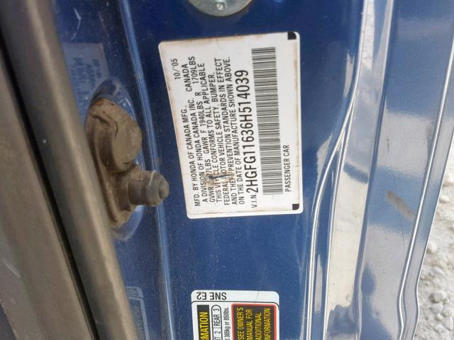 2HGFG11636H514039 - 2006 HONDA CIVIC LX BLUE photo 10