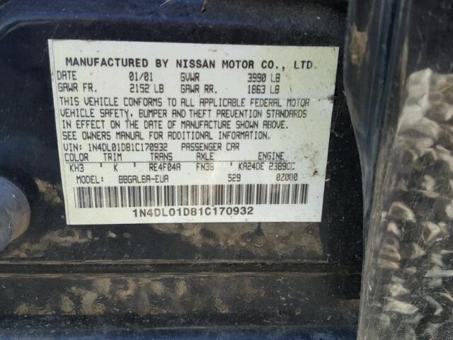 1N4DL01D81C170932 - 2001 NISSAN ALTIMA XE BLACK photo 10