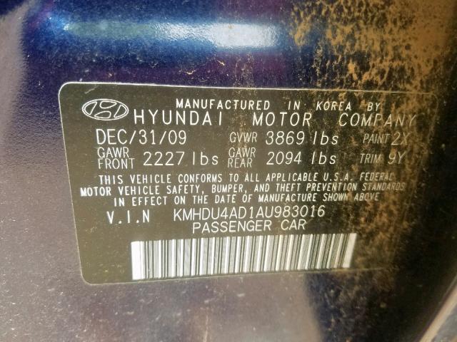 KMHDU4AD1AU983016 - 2010 HYUNDAI ELANTRA BL BLUE photo 10