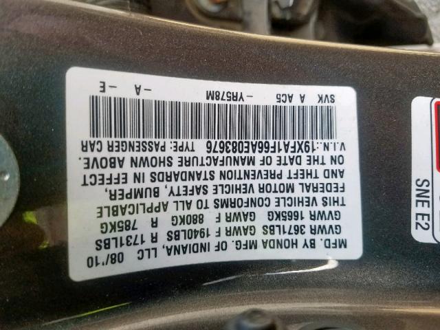 19XFA1F66AE083676 - 2010 HONDA CIVIC LX-S رمادي صورة 10