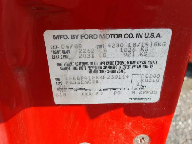 1FABP41E8KF239114 - 1989 FORD MUSTANG LX RED photo 10