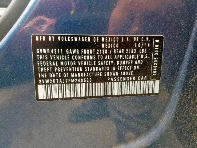 3VW2K7AJ7FM249529 - 2015 VOLKSWAGEN JETTA BASE Կապույտ լուսանկար 10