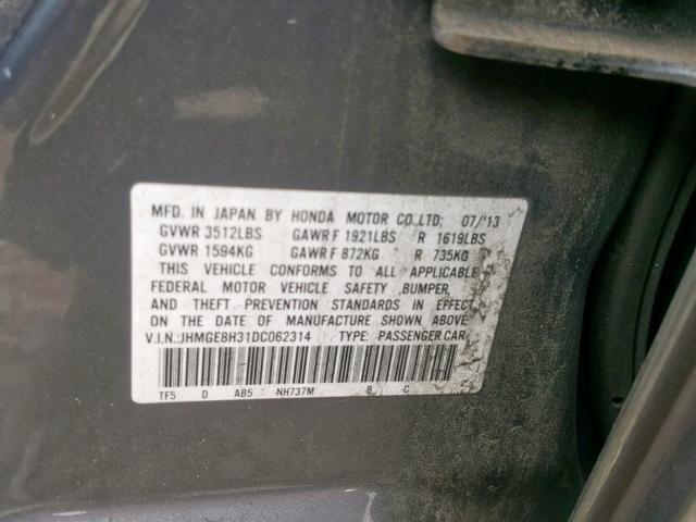 JHMGE8H31DC062314 - 2013 HONDA FIT GRAY photo 10