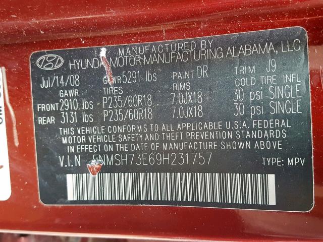 5NMSH73E69H231757 - 2009 HYUNDAI SANTA FE S RED photo 10