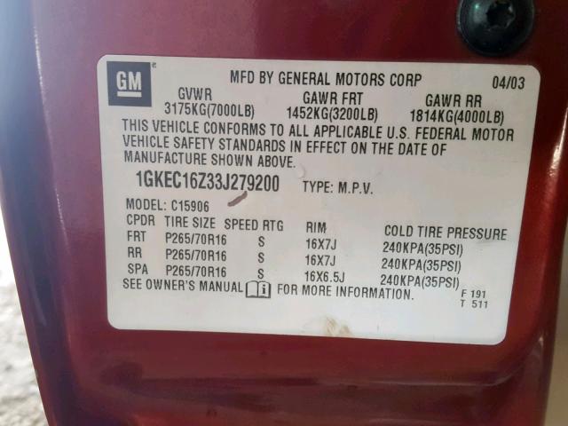 1GKEC16Z33J279200 - 2003 GMC YUKON XL C BURGUNDY photo 10