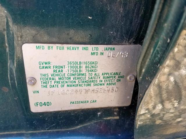 JF1GC2447PH526450 - 1993 SUBARU IMPREZA L GREEN photo 10