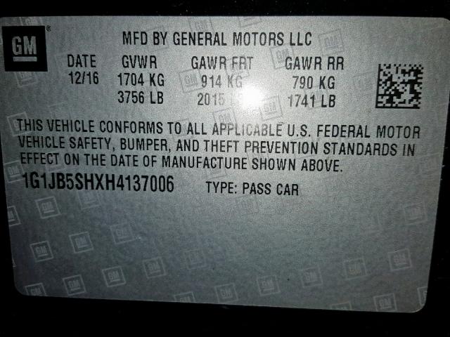 1G1JB5SHXH4137006 - 2017 CHEVROLET SONIC LS 黑色 照片 10