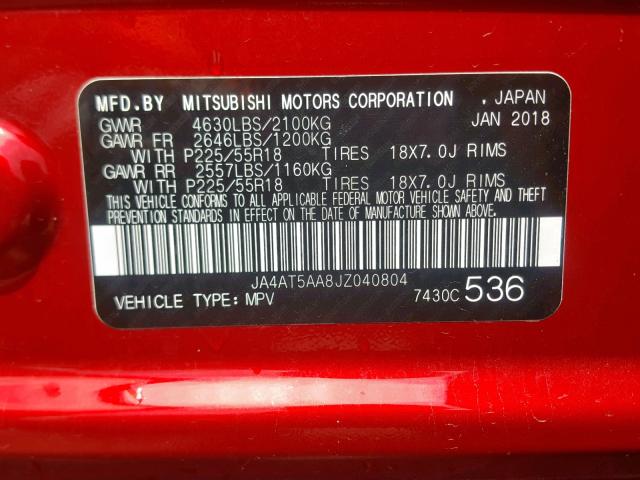 JA4AT5AA8JZ040804 - 2018 MITSUBISHI ECLIPSE CR RED photo 10