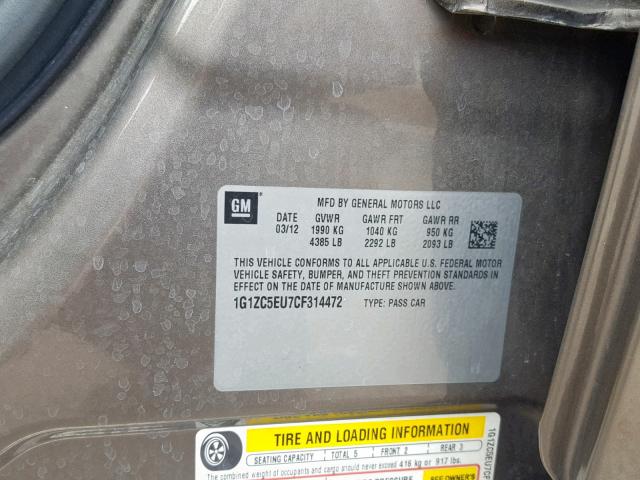 1G1ZC5EU7CF314472 - 2012 CHEVROLET MALIBU 1LT TAN photo 10