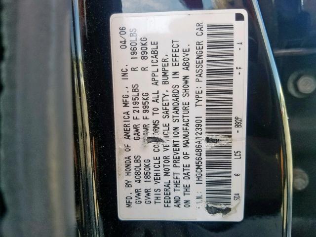 1HGCM56486A123901 - 2006 HONDA ACCORD LX BLACK photo 10