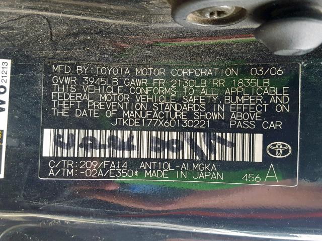 JTKDE177X60130221 - 2006 TOYOTA SCION TC შავი ფოტო 10