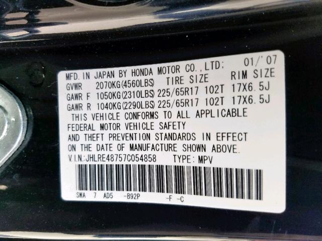 JHLRE48757C054858 - 2007 HONDA CR-V EXL BLACK photo 10