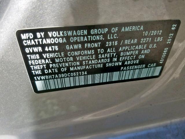 1VWBH7A39DC052134 - 2013 VOLKSWAGEN PASSAT SE SILVER photo 10