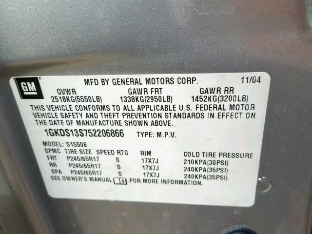 1GKDS13S752206866 - 2005 GMC ENVOY SILVER photo 10