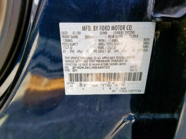 2FMDK36C39BA65723 - 2009 FORD EDGE SE BLUE photo 10