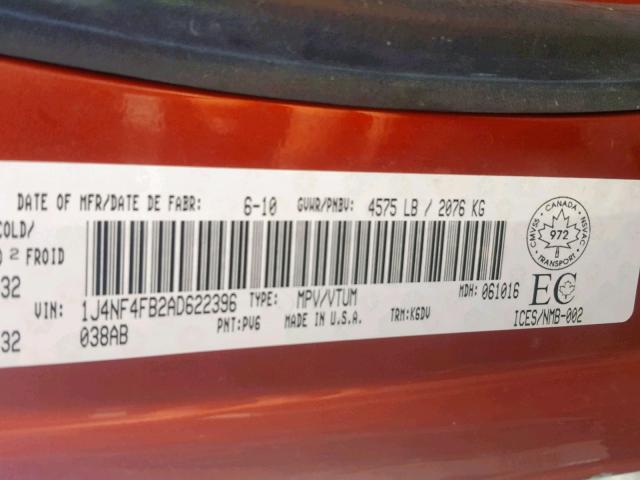 1J4NF4FB2AD622396 - 2010 JEEP COMPASS SP ORANGE photo 10