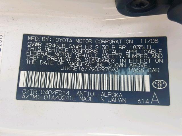 JTKDE167790297593 - 2009 TOYOTA SCION TC თეთრი ფოტო 10