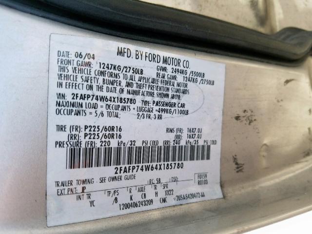2FAFP74W64X185780 - 2004 FORD CROWN VICT GRAY photo 10