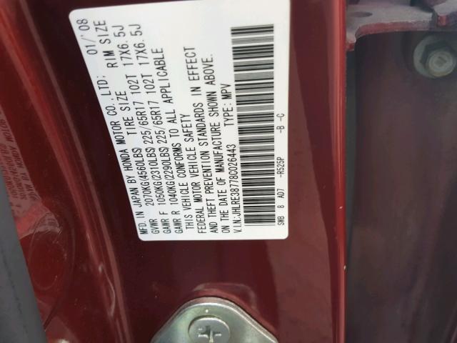 JHLRE38778C026443 - 2008 HONDA CR-V EXL MAROON photo 10