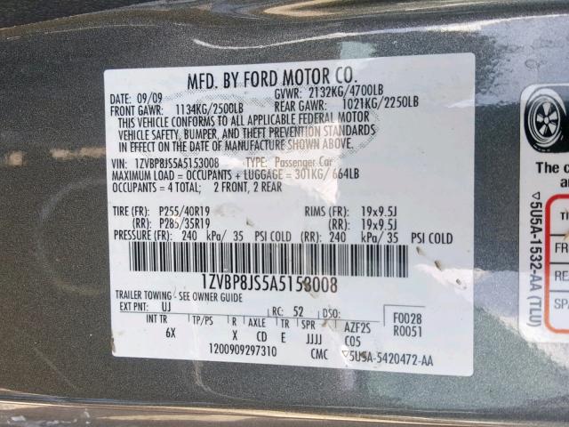 1ZVBP8JS5A5153008 - 2010 FORD MUSTANG SH GRAY photo 10