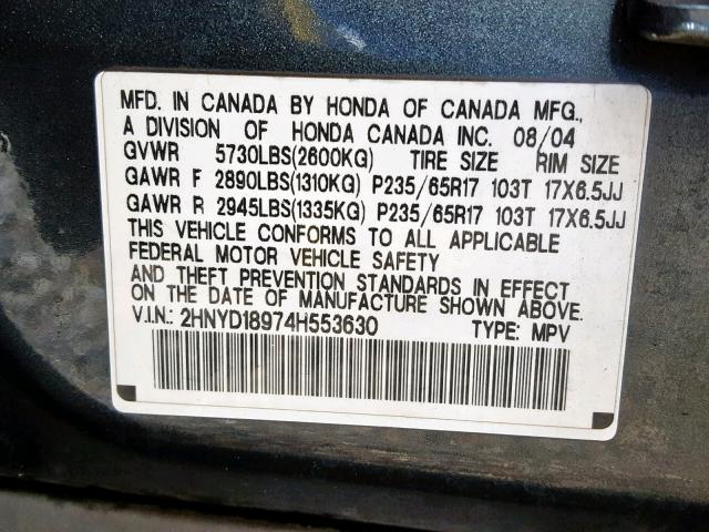 2HNYD18974H553630 - 2004 ACURA MDX TOURIN GRAY photo 10