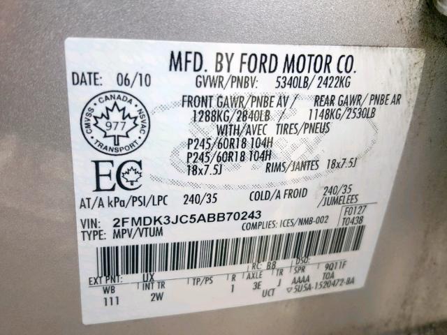 2FMDK3JC5ABB70243 - 2010 FORD EDGE SEL SILVER photo 10