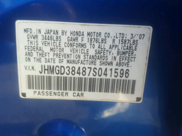 JHMGD38487S041596 - 2007 HONDA FIT BLUE photo 10