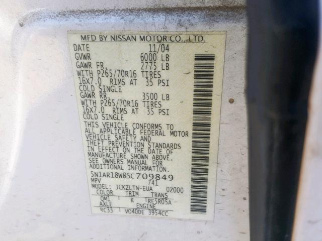 5N1AR18W85C709849 - 2005 NISSAN PATHFINDER WHITE photo 10