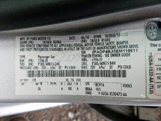 3FADP4BJ3BM118611 - 2011 FORD FIESTA SE SILVER photo 10