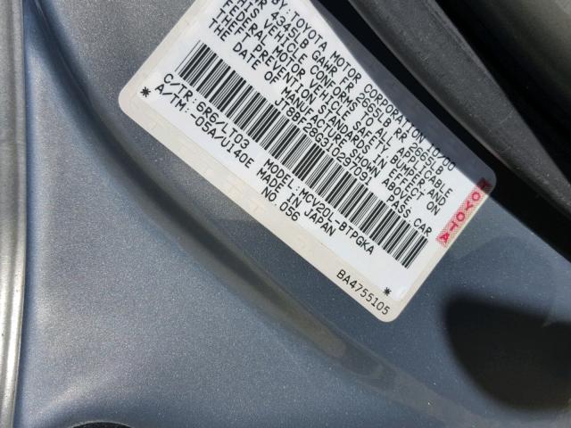 JT8BF28G310297091 - 2001 LEXUS ES 300 GRAY photo 10