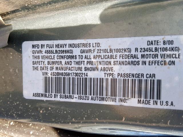 4S3BH635917302214 - 2001 SUBARU LEGACY L GREEN photo 10