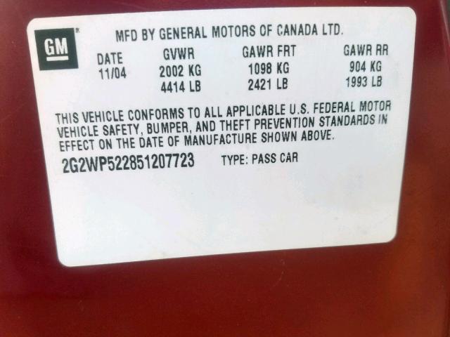 2G2WP522851207723 - 2005 PONTIAC GRAND PRIX RED photo 10