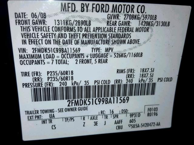 2FMDK51C99BA11569 - 2009 FORD FLEX SE BLACK photo 10