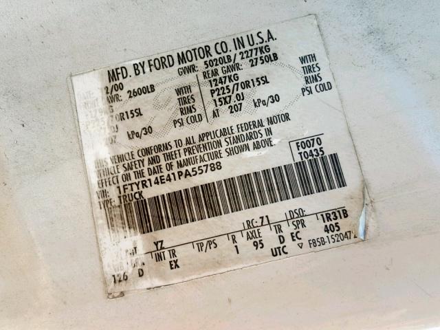 1FTYR14E41PA55788 - 2001 FORD RANGER SUP WHITE photo 10