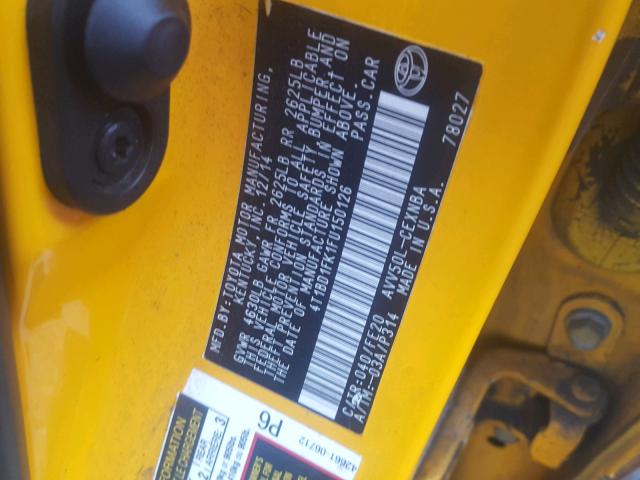 4T1BD1FK1FU150126 - 2015 TOYOTA CAMRY HYBR YELLOW photo 10